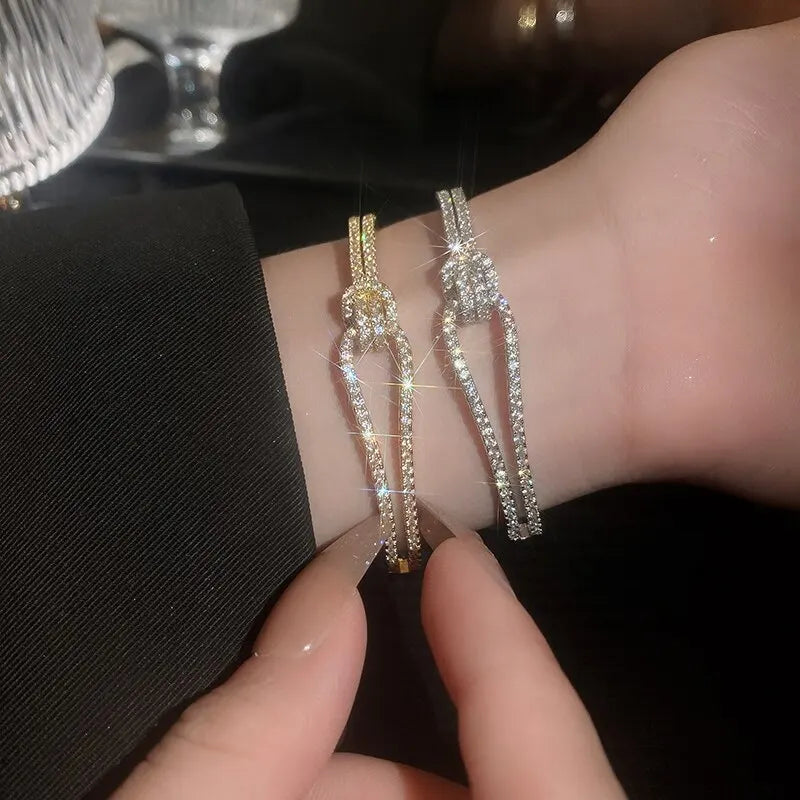 Elegant Golden Knot Cuff | Exquisite Full Zircon Minimalist Bangle for Weddings & Special Occasions