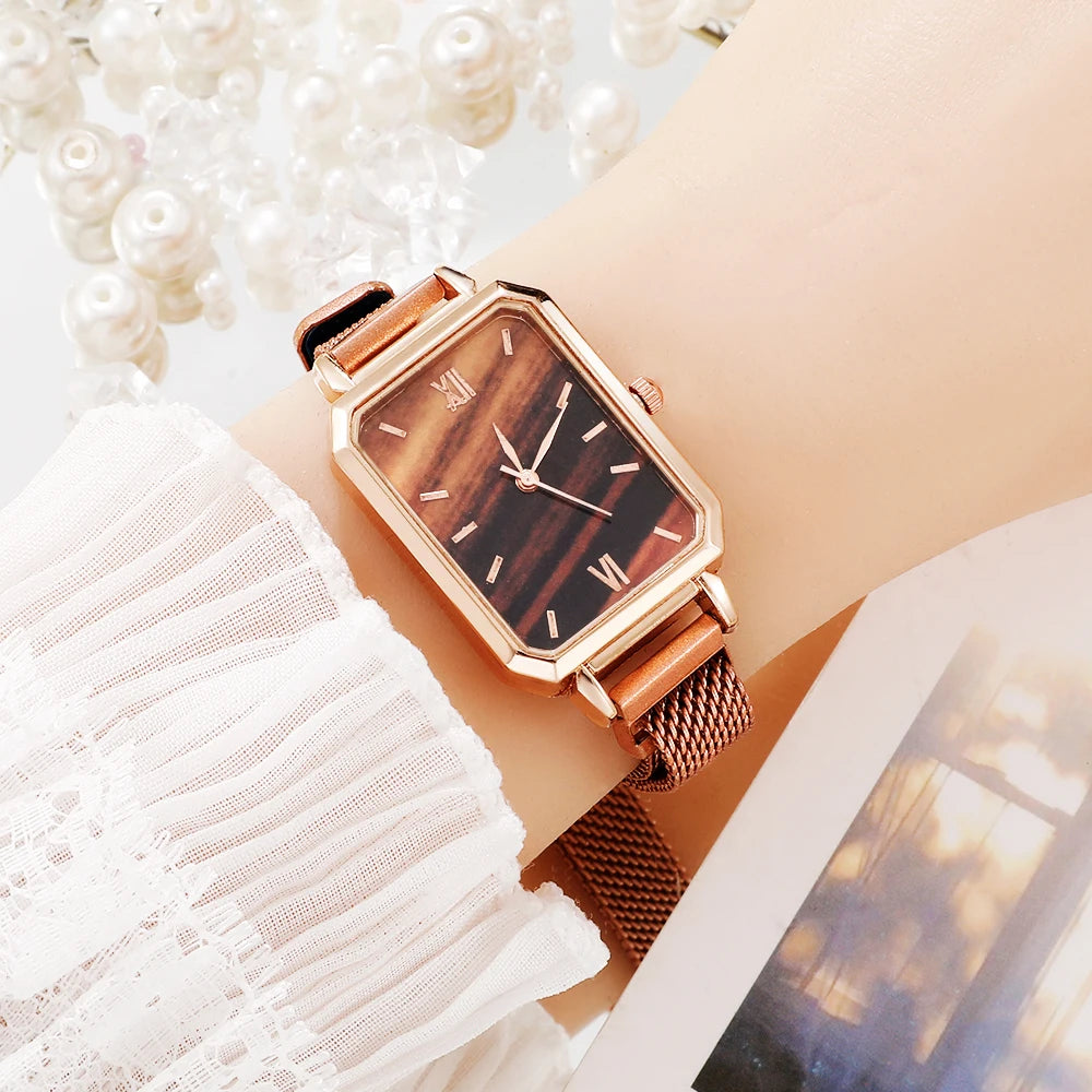 Green Dial Square Watch | Rose Gold Mesh Strap, 24mm, Roman Numerals, Quartz