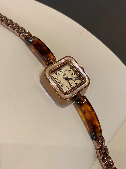 Vintage Square Amber-Tone Watch | 22mm Roman Numeral Stainless Steel Bracelet