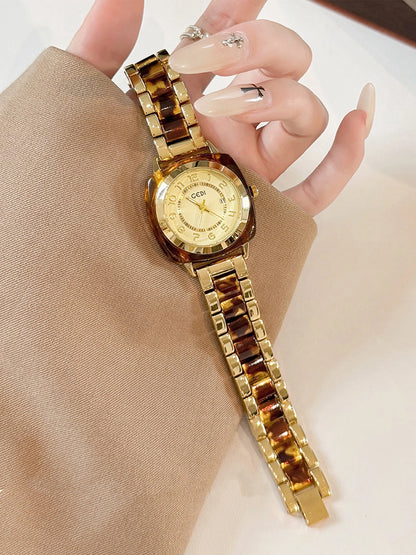 Square Amber Dial Watch | Stainless Steel Bracelet with Date Calendar & Arabic Numerals