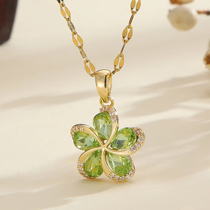 Flower Pendant Necklace | 316L Stainless Steel with Green Zircon Centre