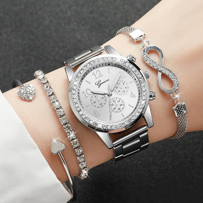 4-Piece Rhinestone Watch & Stackable Bracelet Set | 36-38mm Quartz Watch with 3 Bracelets