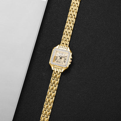 Rhinestone Square Watch | Gold-Tone Roman Numeral Dial & Slim Alloy Bracelet