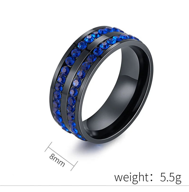 Matching Couple Rings | Black Stainless Steel & Blue Cubic Zirconia Bands