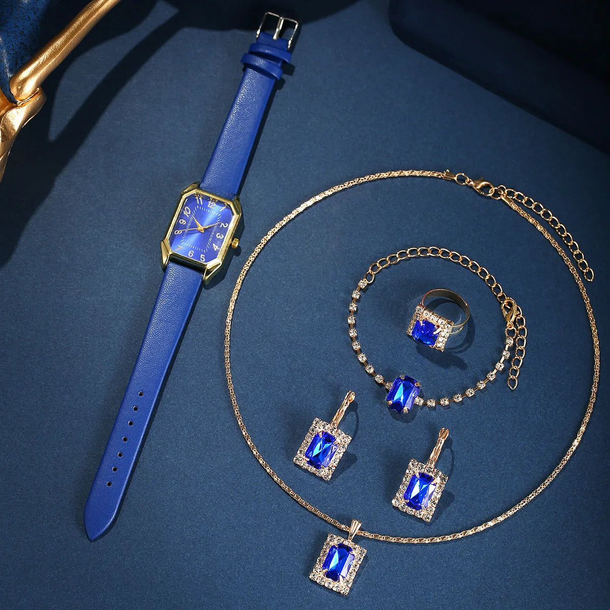 6-Piece Square Watch & Jewellery Set | 29mm Quartz Watch with Leather Strap, Necklace, Bracelet, Ring & Earrings