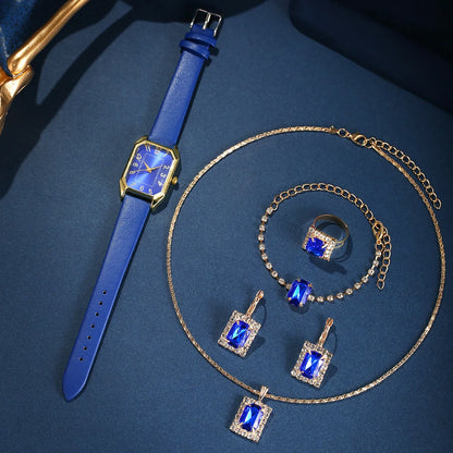 6-Piece Square Watch & Jewellery Set | 29mm Quartz Watch with Leather Strap, Necklace, Bracelet, Ring & Earrings