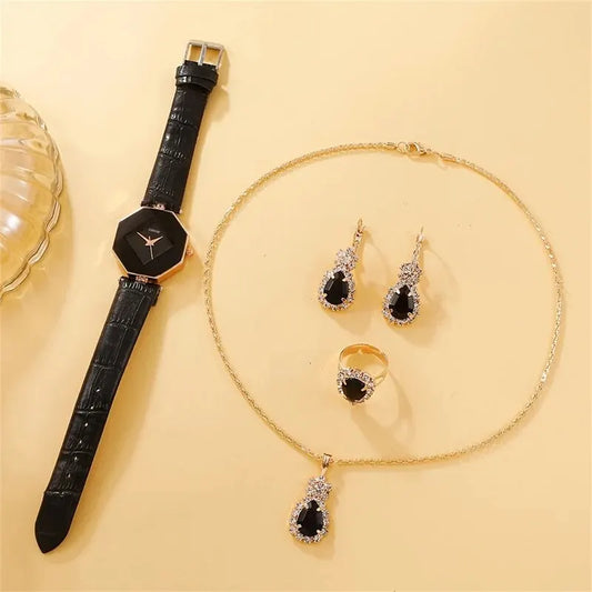 5-Piece Rhinestone Luxury Collection | Elegant Quartz Watch & Sparkling Jewelry Set