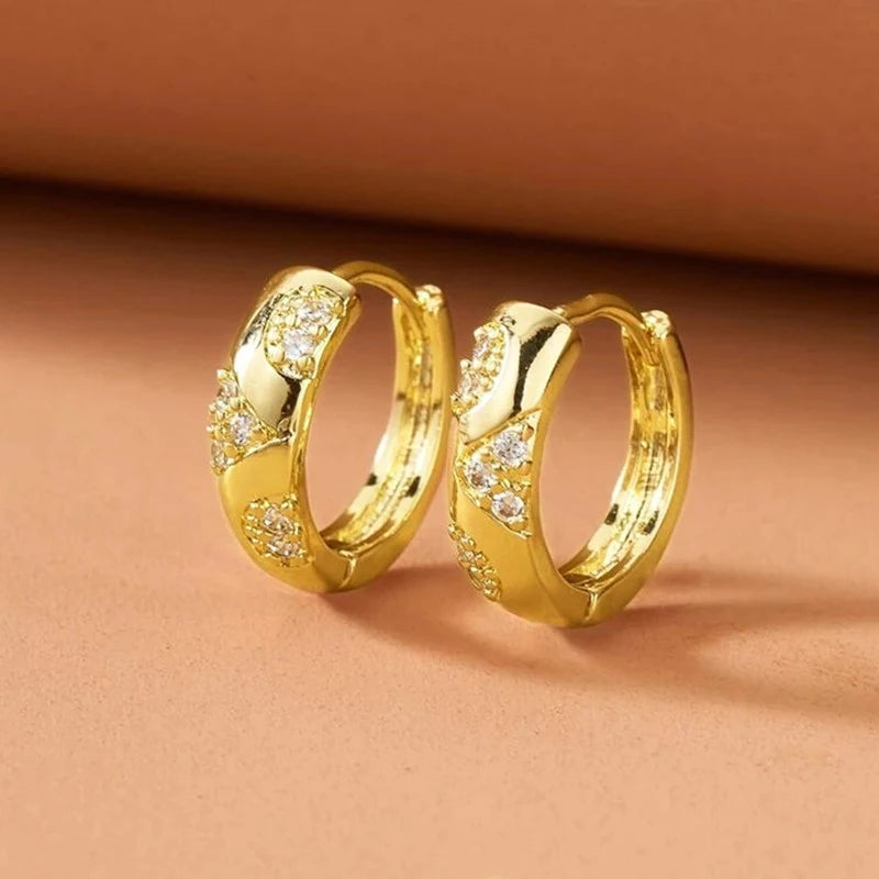 Irregular Hollow-Out Gold Hoop Earrings | Cubic Zirconia Accents, Brass, 3.7g