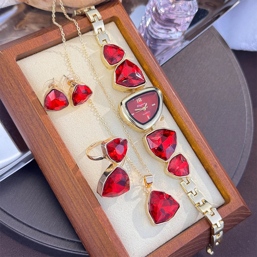 4-Piece Colourful Crystal Watch & Jewellery Set | Irregular Shape Quartz Watch, Necklace, Ring & Earrings
