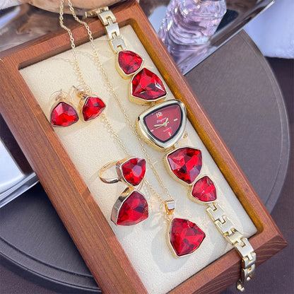 4-Piece Colourful Crystal Watch & Jewellery Set | Irregular Shape Quartz Watch, Necklace, Ring & Earrings