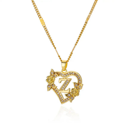 Initial Letter Heart Pendant Necklace | Zircon Flower & Personalised Letter, 316L Stainless Steel