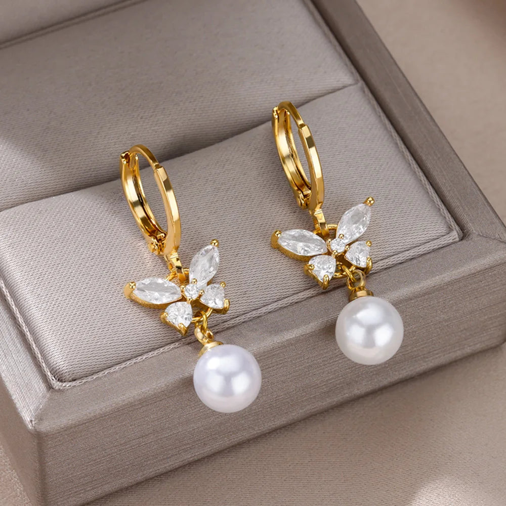 Butterfly Pearl & Zircon Droplets | Waterproof 316L Stainless Steel Gold Plated Earrings
