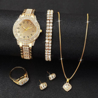 6-Piece Rhinestone Watch & Jewellery Set | 32mm Quartz Watch, Necklace, Bracelet, Ring & Earrings