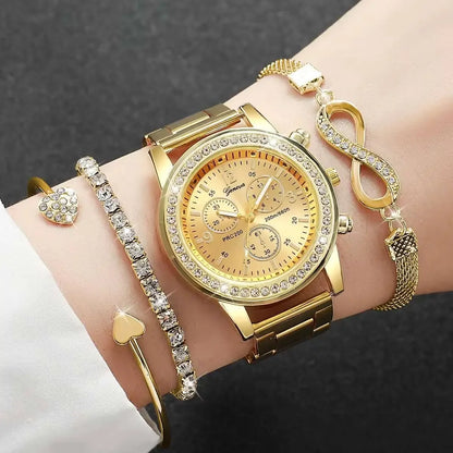 4-Piece Rhinestone Watch & Stackable Bracelet Set | 36-38mm Quartz Watch with 3 Bracelets