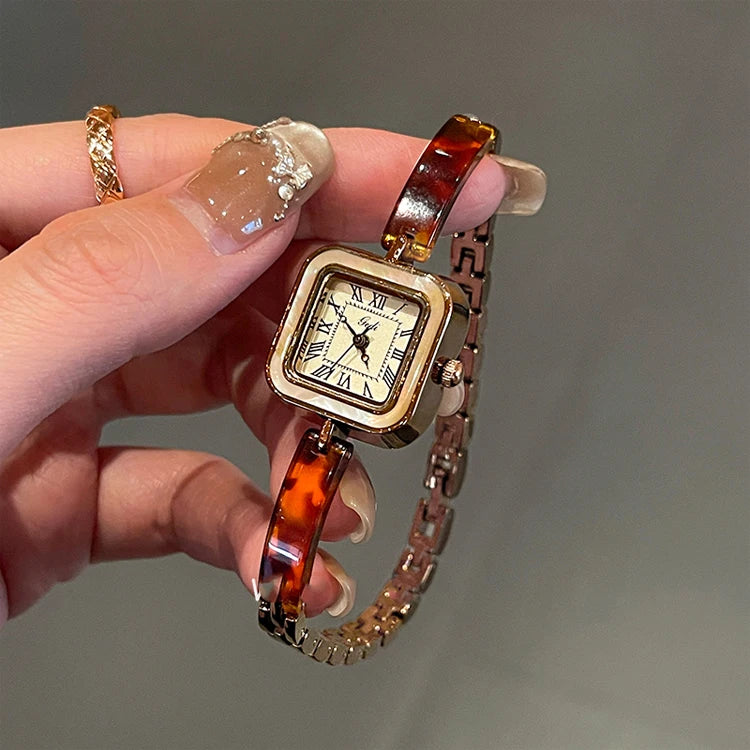 Vintage Square Amber-Tone Watch | 22mm Roman Numeral Stainless Steel Bracelet