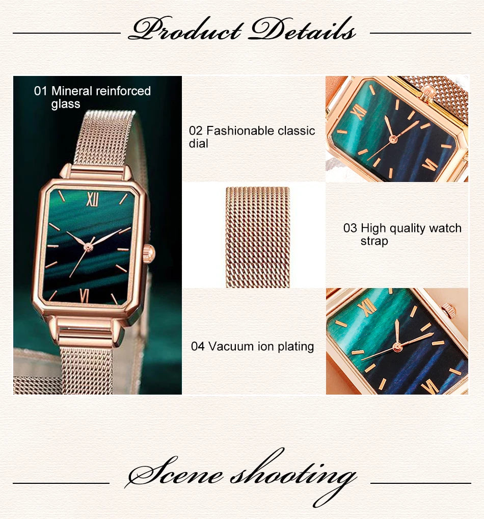Green Dial Square Watch | Rose Gold Mesh Strap, 24mm, Roman Numerals, Quartz