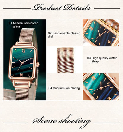 Green Dial Square Watch | Rose Gold Mesh Strap, 24mm, Roman Numerals, Quartz