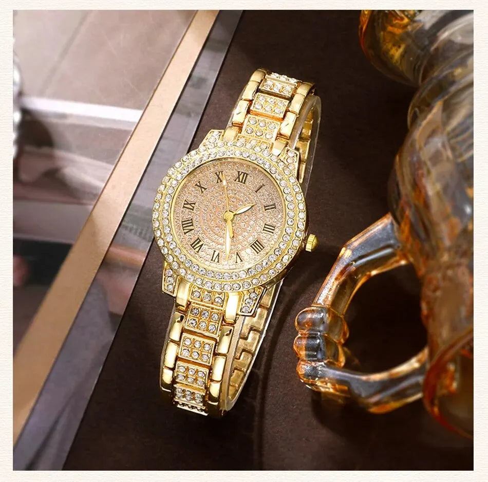 Golden Prestige 6-Piece Luxury Collection | Roman Numeral Watch & Rhinestone Jewelry Ensemble