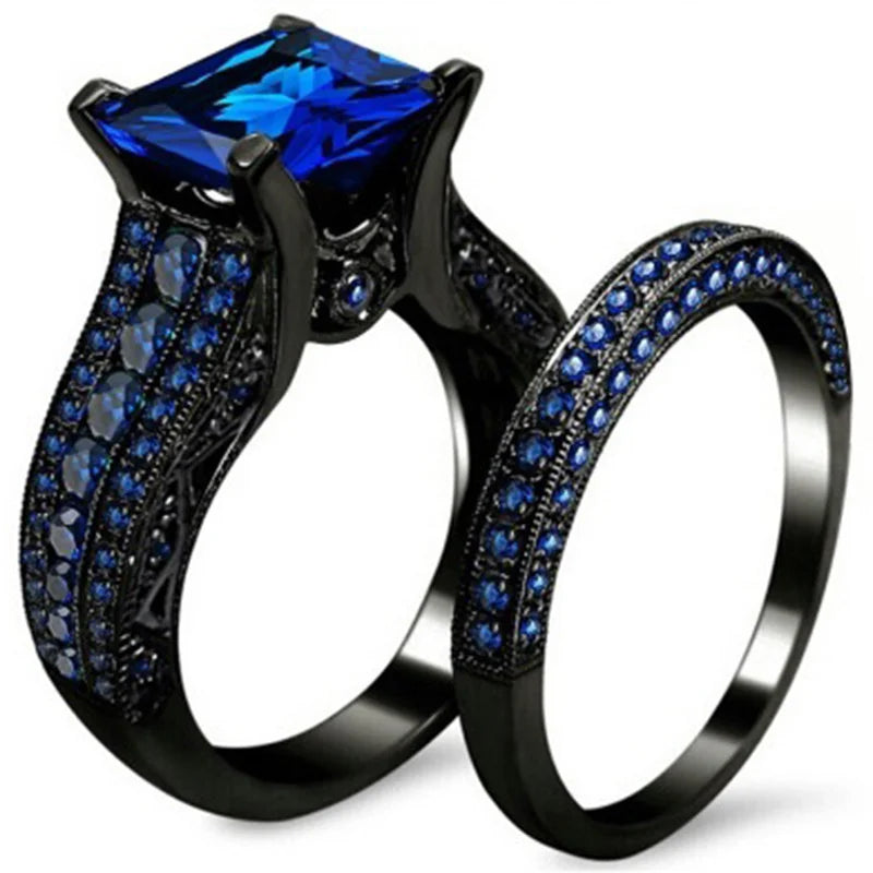 Matching Couple Rings | Black Stainless Steel & Blue Cubic Zirconia Bands