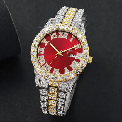 Rhinestone Calendar Watch | 42mm Roman Numeral Dial, Stainless Steel, 20mm Alloy Band