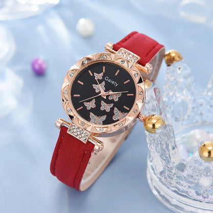 6-Piece Butterfly Watch & Jewellery Set | 33mm Numberless Dial, PU Leather Strap, Necklace, Bracelet, Ring & Earrings