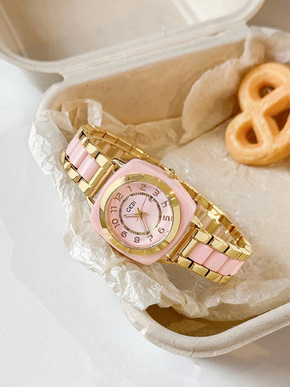 Square Amber Dial Watch | Stainless Steel Bracelet with Date Calendar & Arabic Numerals