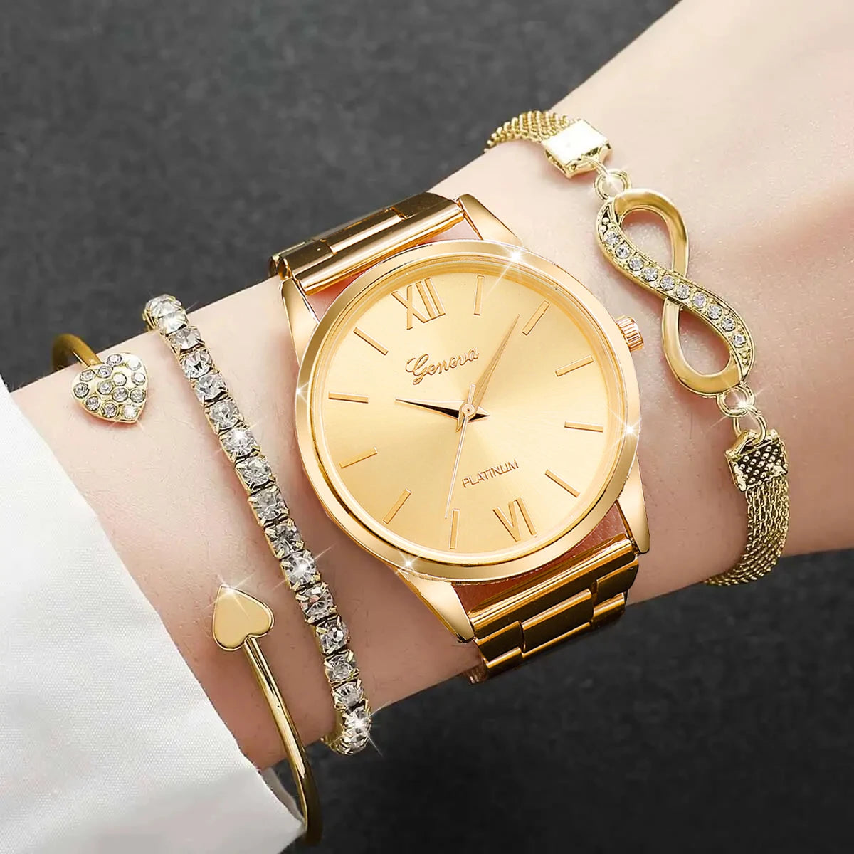 4-Piece Rhinestone Watch & Stackable Bracelet Set | 36-38mm Quartz Watch with 3 Bracelets