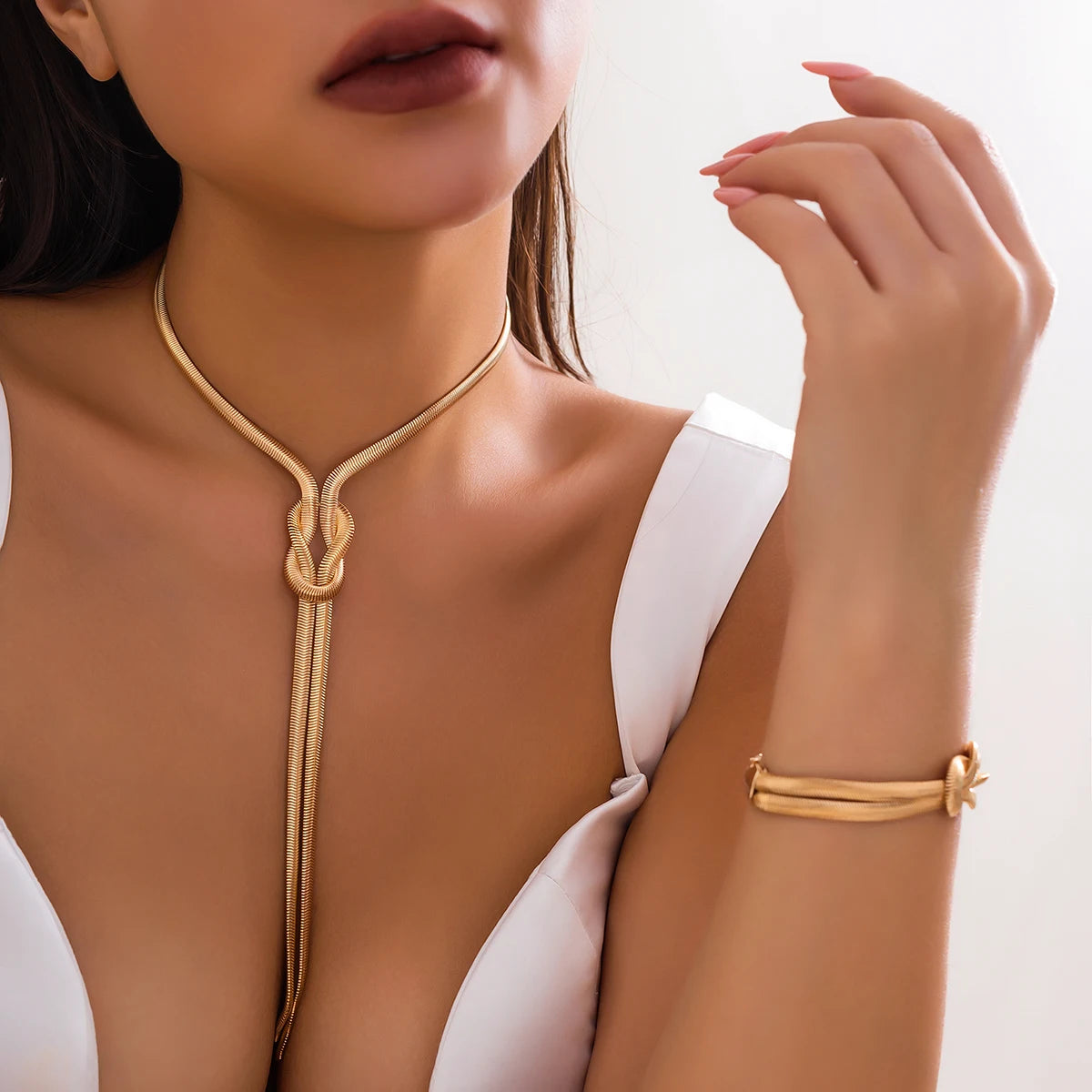 Snake Chain Tassel Choker & Drop Earrings Set | Gold-Tone Iron Alloy, 33g