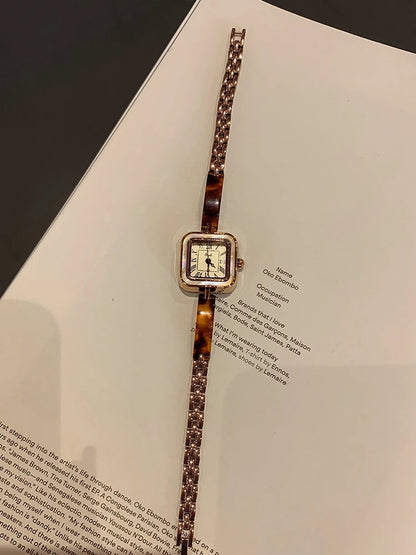 Vintage Square Amber-Tone Watch | 22mm Roman Numeral Stainless Steel Bracelet