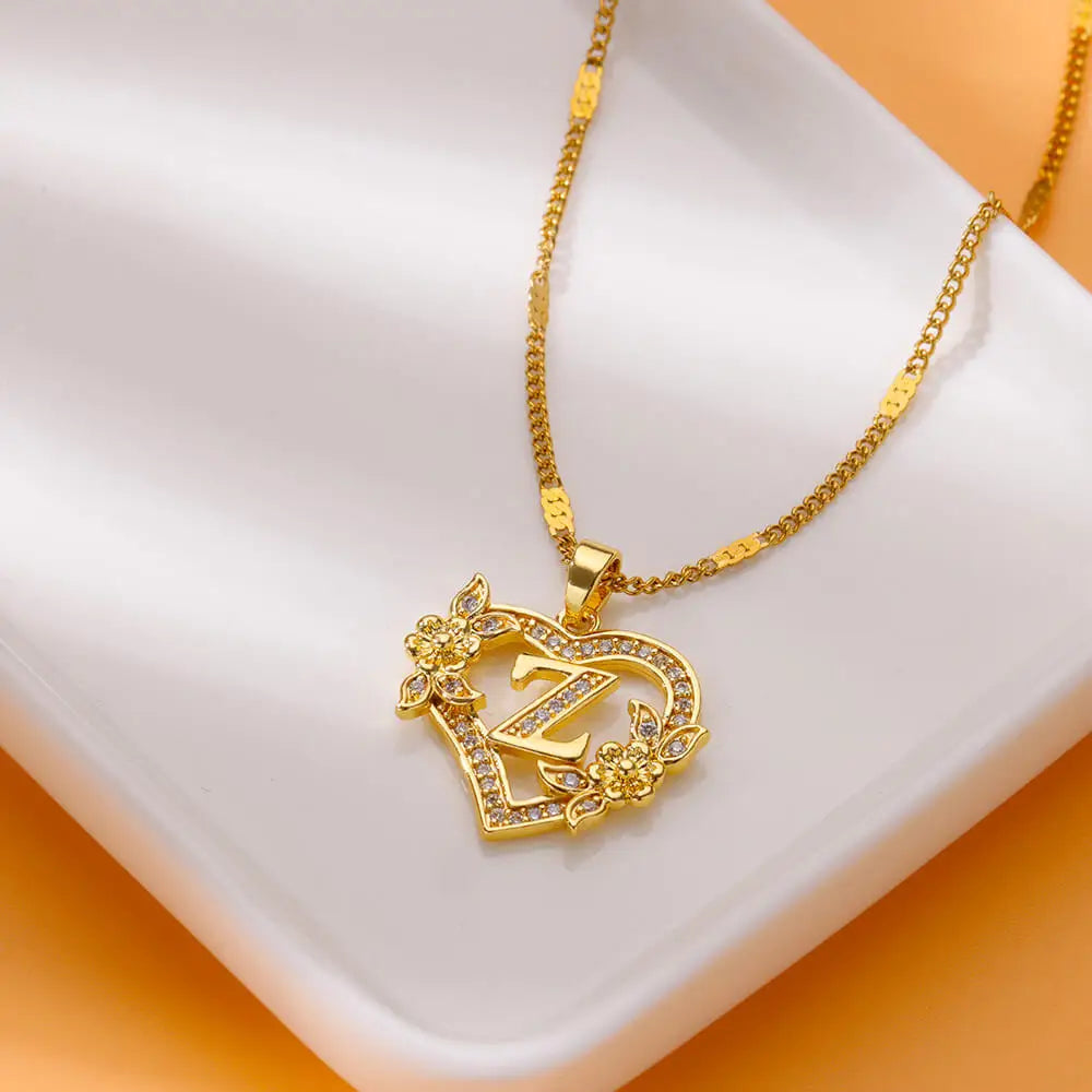 Initial Letter Heart Pendant Necklace | Zircon Flower & Personalised Letter, 316L Stainless Steel