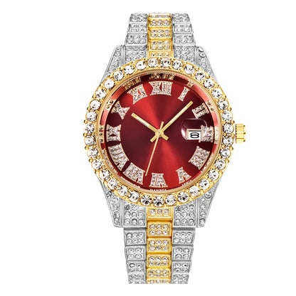 Rhinestone Calendar Watch | 42mm Roman Numeral Dial, Stainless Steel, 20mm Alloy Band