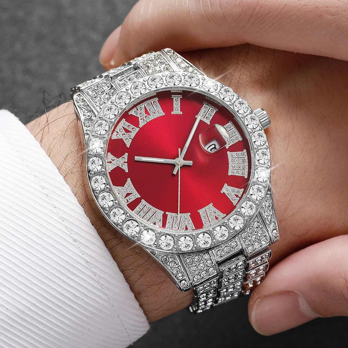 Iced-Out Elite Calendar Watch | Luxury Full Diamond Stainless Steel Wristwatch