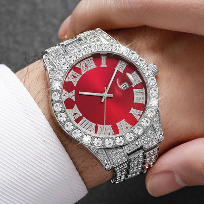 Rhinestone Calendar Watch | 42mm Roman Numeral Dial, Stainless Steel, 20mm Alloy Band