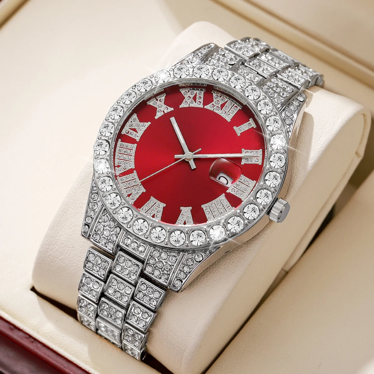 Iced-Out Elite Calendar Watch | Luxury Full Diamond Stainless Steel Wristwatch