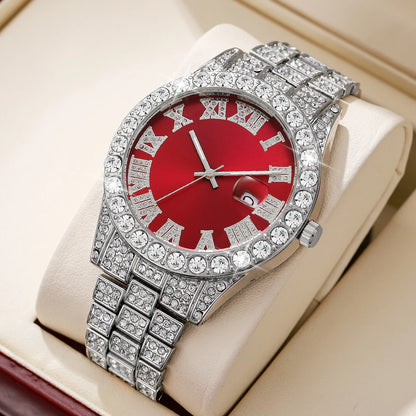 Rhinestone Calendar Watch | 42mm Roman Numeral Dial, Stainless Steel, 20mm Alloy Band