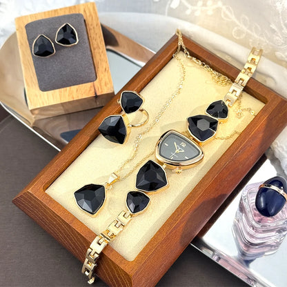 4-Piece Colourful Crystal Watch & Jewellery Set | Irregular Shape Quartz Watch, Necklace, Ring & Earrings