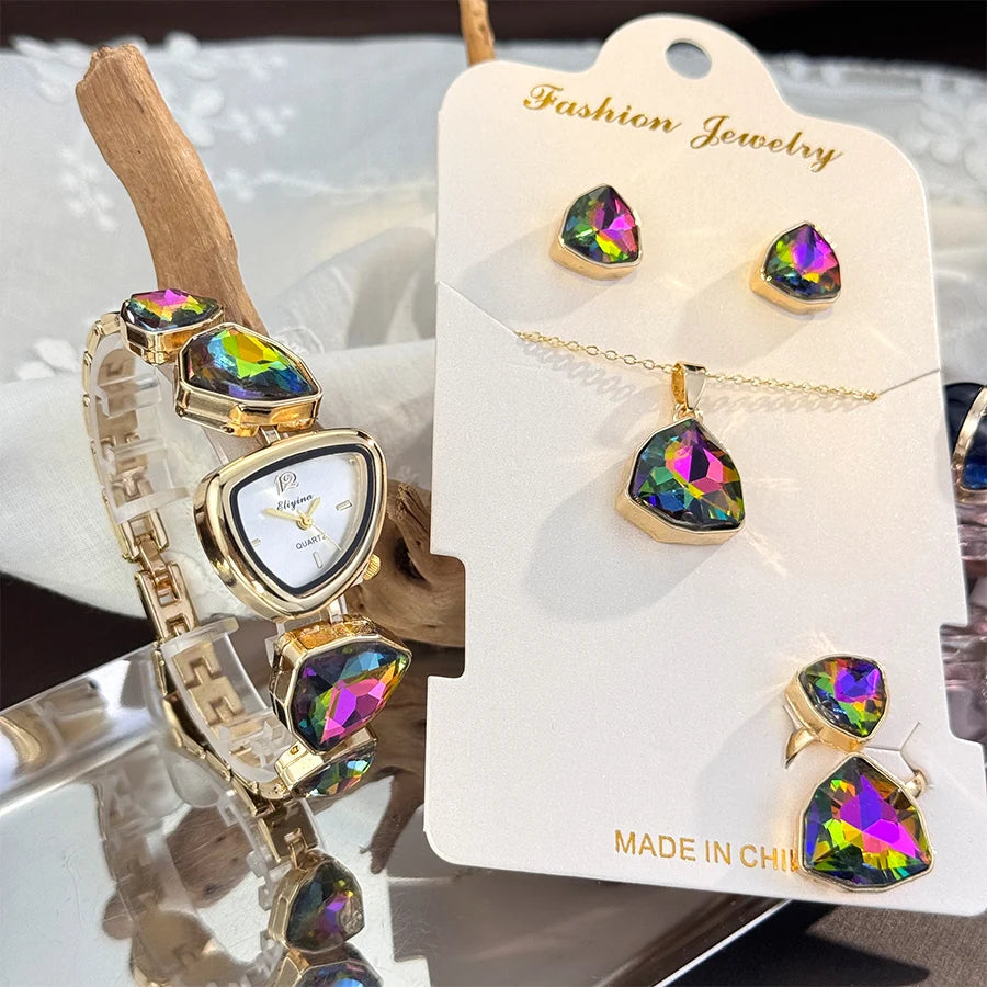 4-Piece Colourful Crystal Watch & Jewellery Set | Irregular Shape Quartz Watch, Necklace, Ring & Earrings