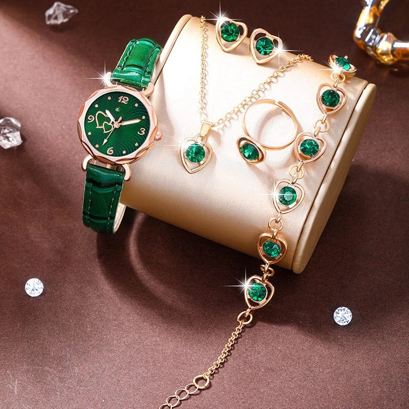 6-Piece Butterfly & Double Heart Watch & Jewellery Set | Rhinestone Irregular Watch, Necklace, Bracelet, Ring & Earrings