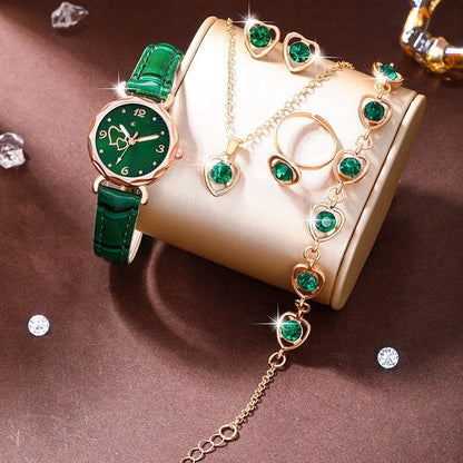 6-Piece Butterfly & Double Heart Watch & Jewellery Set | Rhinestone Irregular Watch, Necklace, Bracelet, Ring & Earrings