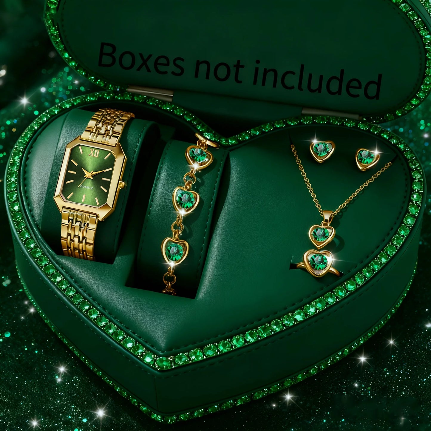 6-Piece Rectangle Watch & Heart Jewellery Set | 27mm Roman Numeral Quartz Watch, Necklace, Bracelet, Ring & Earrings