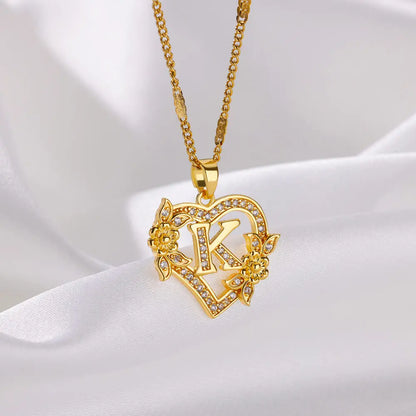 Initial Letter Heart Pendant Necklace | Zircon Flower & Personalised Letter, 316L Stainless Steel