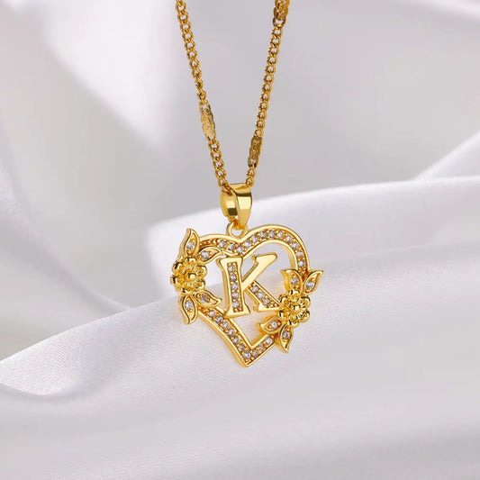 Personalized Initial Heart &Flower Pendant | Waterproof Gold Stainless Steel Zirconia Necklace