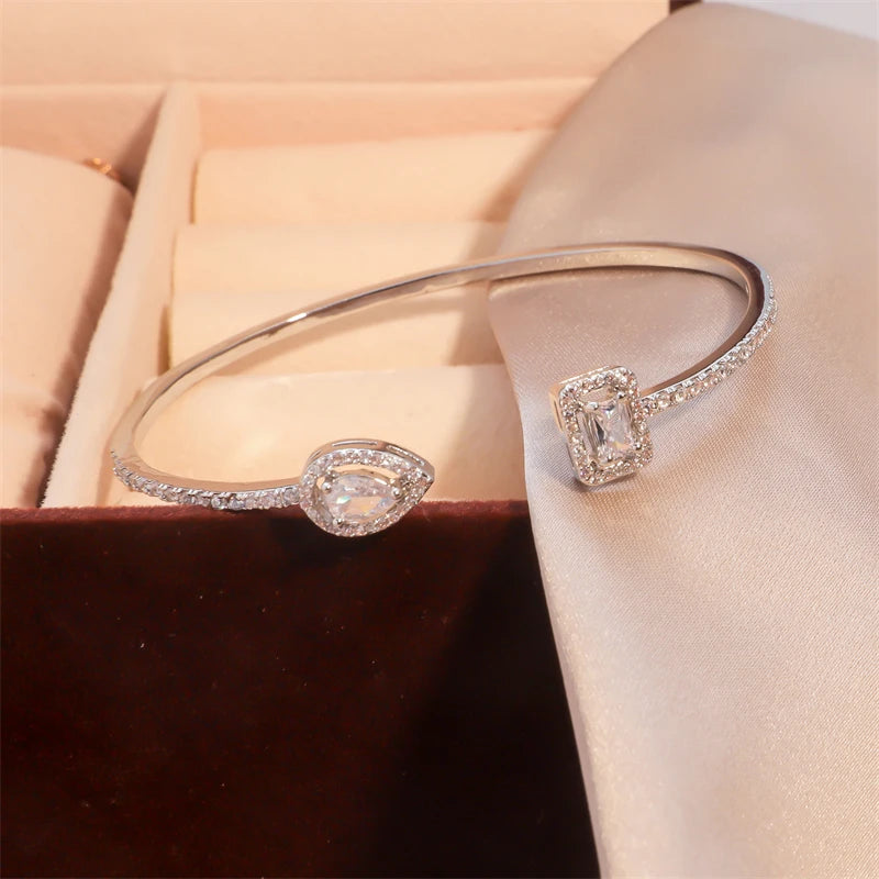 Geometric Gold Cuff Bangle | AAA+ Cubic Zirconia Tension Setting, Copper, 7g