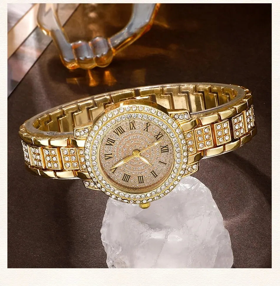 Golden Prestige 6-Piece Luxury Collection | Roman Numeral Watch & Rhinestone Jewelry Ensemble
