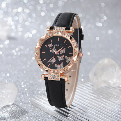 6-Piece Butterfly Watch & Jewellery Set | 33mm Numberless Dial, PU Leather Strap, Necklace, Bracelet, Ring & Earrings
