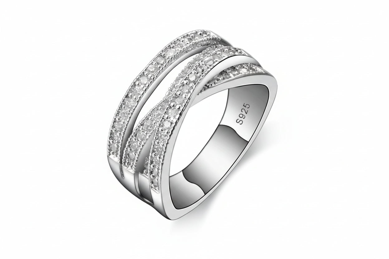 Shimmering "Overpass" Crossover Ring | 925 Sterling Silver Tone Eternity Band with Zircon Inlay