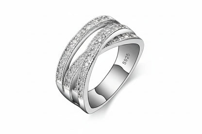 Shimmering "Overpass" Crossover Ring | 925 Sterling Silver Tone Eternity Band with Zircon Inlay