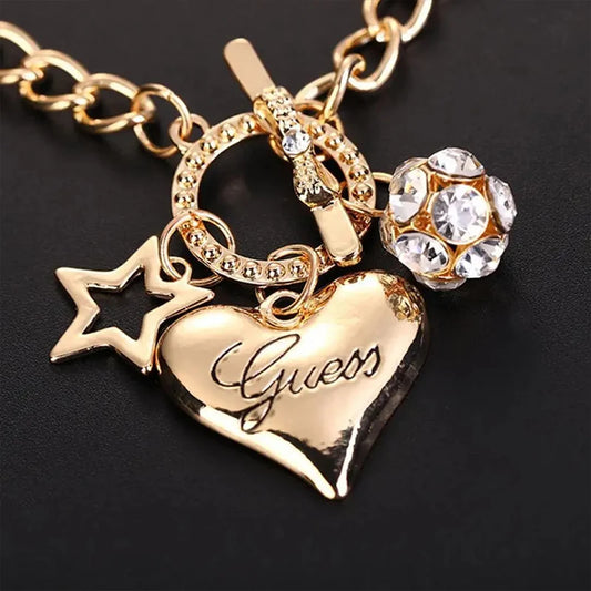 Celestial Heart & Hollow Star Charm Bracelet | Romantic Pearl &amp; "Fire Ball" Link Chain