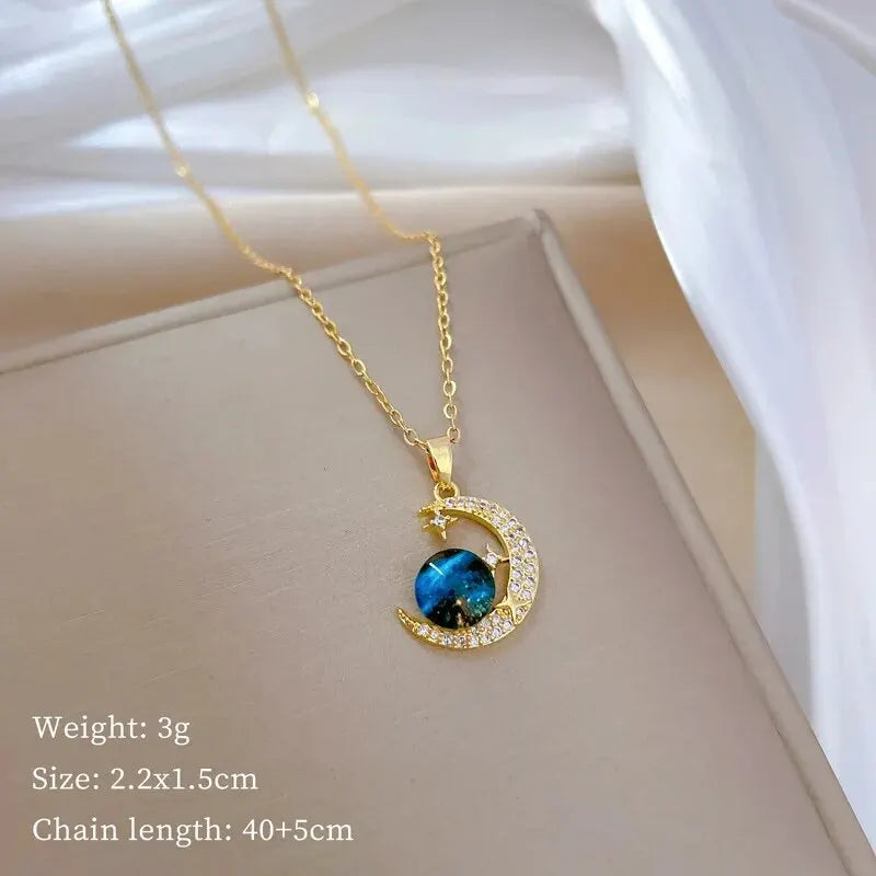 Star, Moon & Astronaut Pendant Necklace | Waterproof Titanium Steel with Zircon
