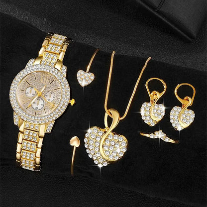 6-Piece Rhinestone Watch & Jewellery Set | Gold-Tone Quartz Watch with Necklace, Bracelet, Ring & Earrings